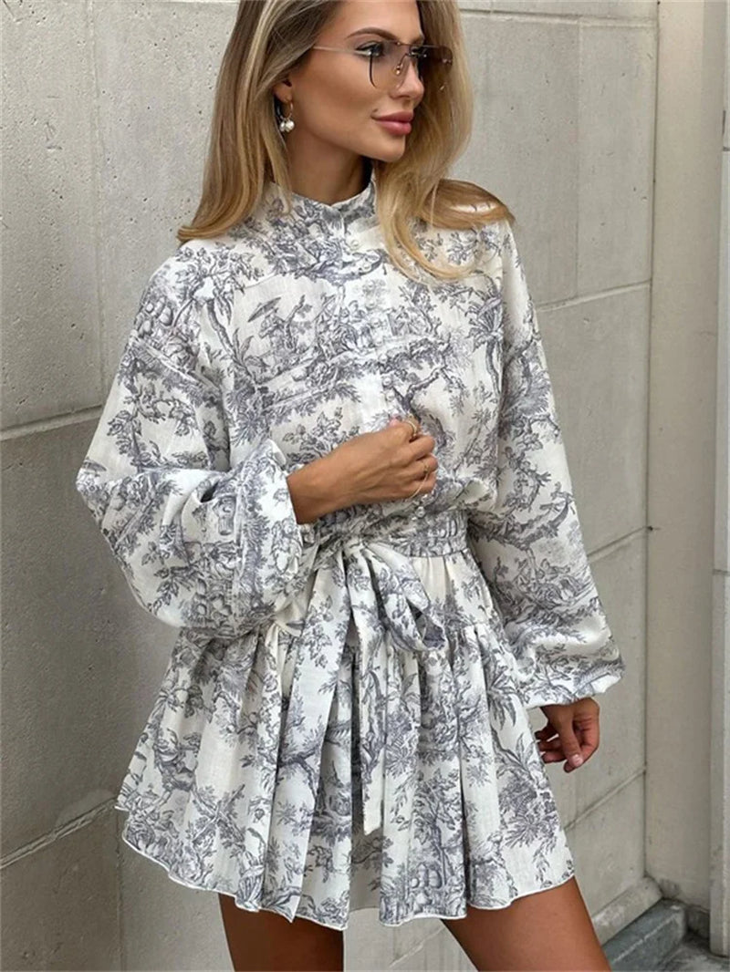 Printed Lace-Up Mini Dress