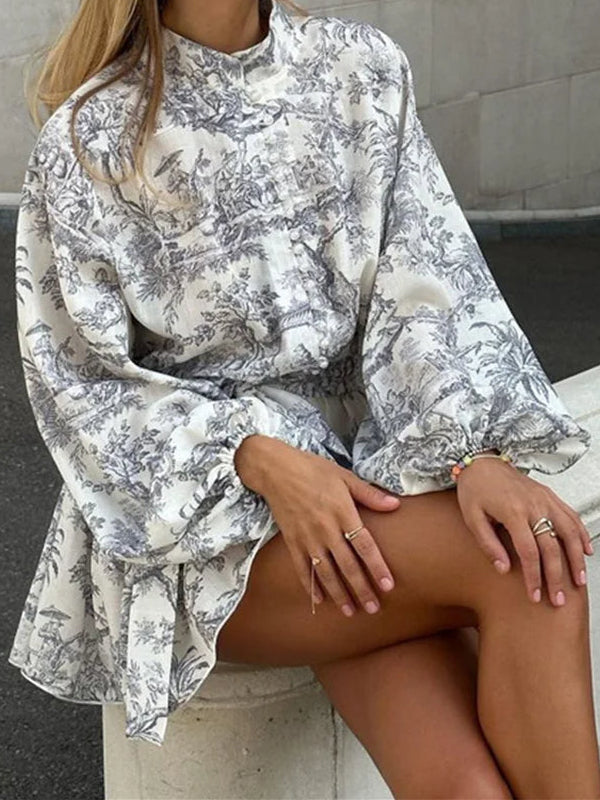Printed Lace-Up Mini Dress