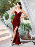 Red Sequin V Neck Slit Long Mermaid Wedding Party Dress 